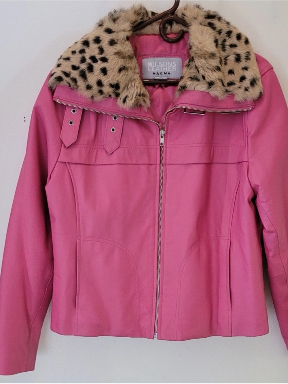 Wilsons Leather Hot Pink Jacket with Spotted Faux-Fur Collar